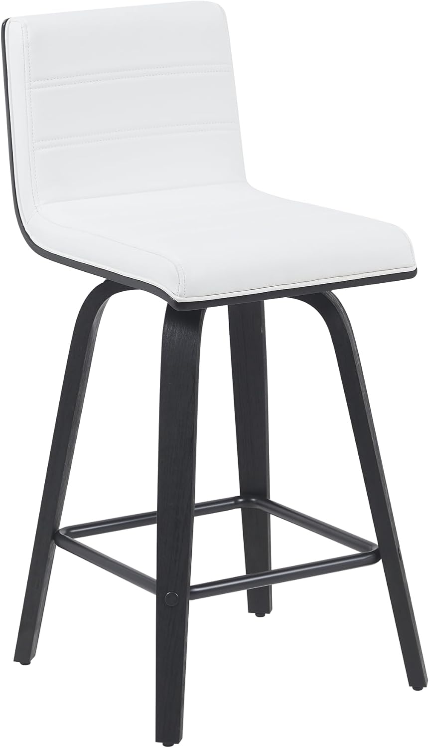 Vienna Modern Counter Height Swivel Bar Stool with Snow White Faux Leather Seat and Black Brushed Wood Frame Set of 2