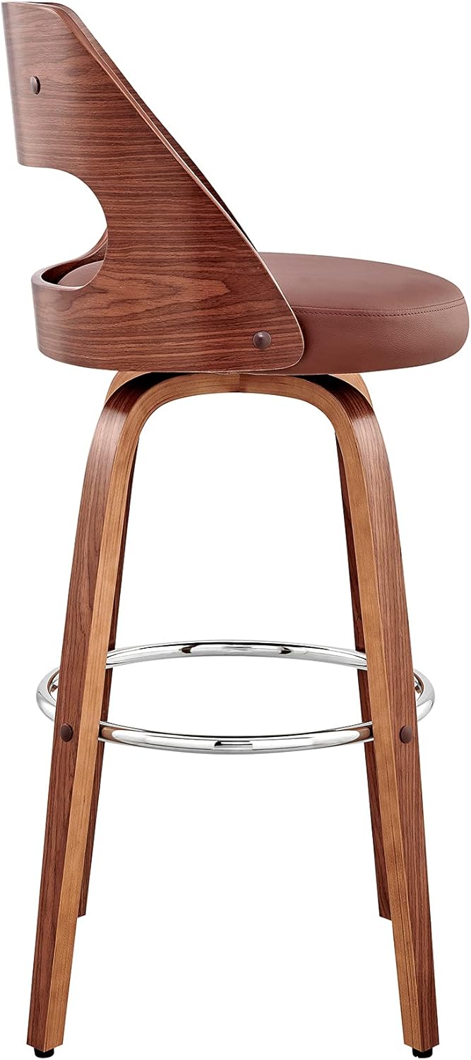 Armen Living Julius Mid Century Modern Swivel Bar Stool for Kitchen Island Counter in Brown Faux Leather and Walnut Wood, 26" Seat Height