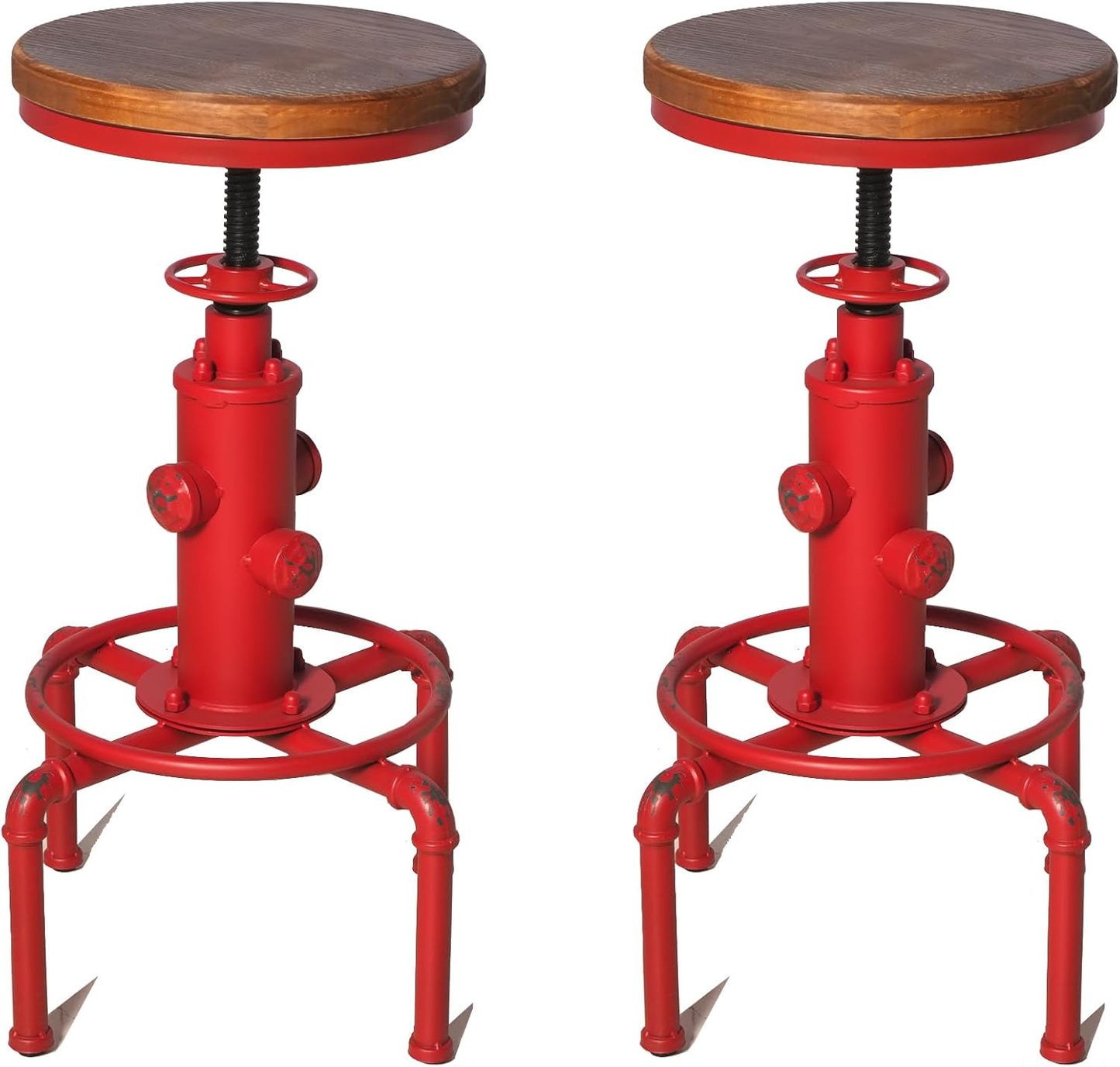 Topower Aged Antique Vintage Industrial Barstool Solid Wood Water Pipe Fire Hydrant Design Cafe Coffee Industrial Bar Stool Set of 2 Antique Red