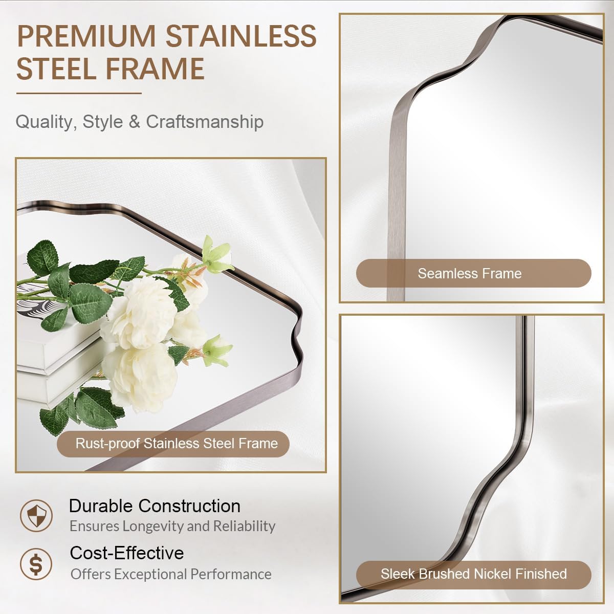 ANDY STAR Brushed Nickel Mirror 30x40 Inch, Rectangle Bathroom Mirror for Wall, Large Scalloped Wall Mirror in Anti-Rust Stainless Steel Metal 1’’ Frame, Wall Mounts Horizontally or Vertically