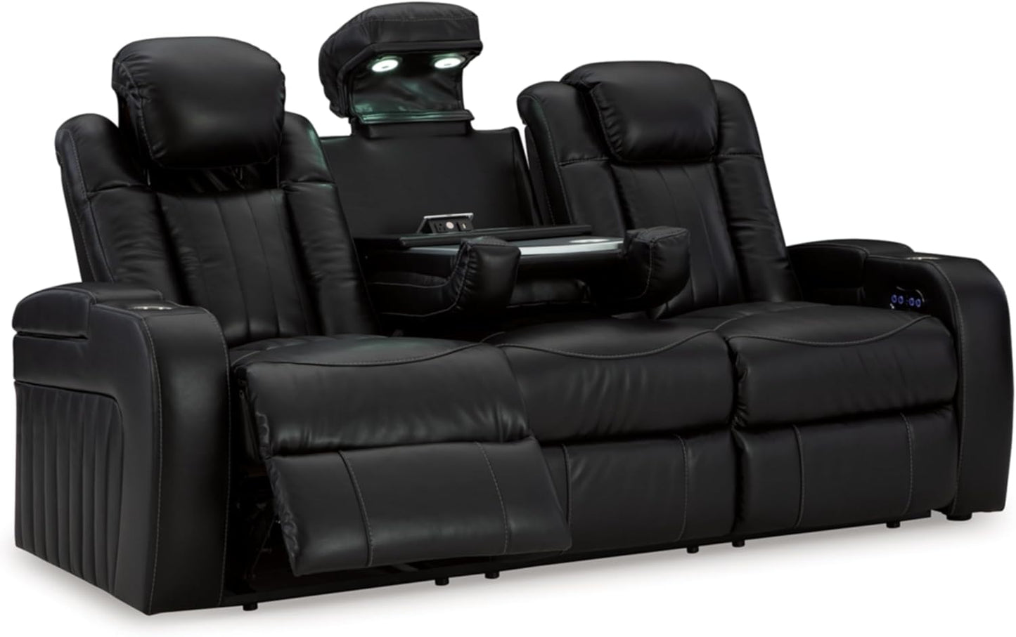 Signature Design by Ashley Caveman Den Modern Faux Leather Power Reclining Sofa with Adjustable Headrest, Drop Down Table, Electrical Outlets and LED Reading Lights, Black