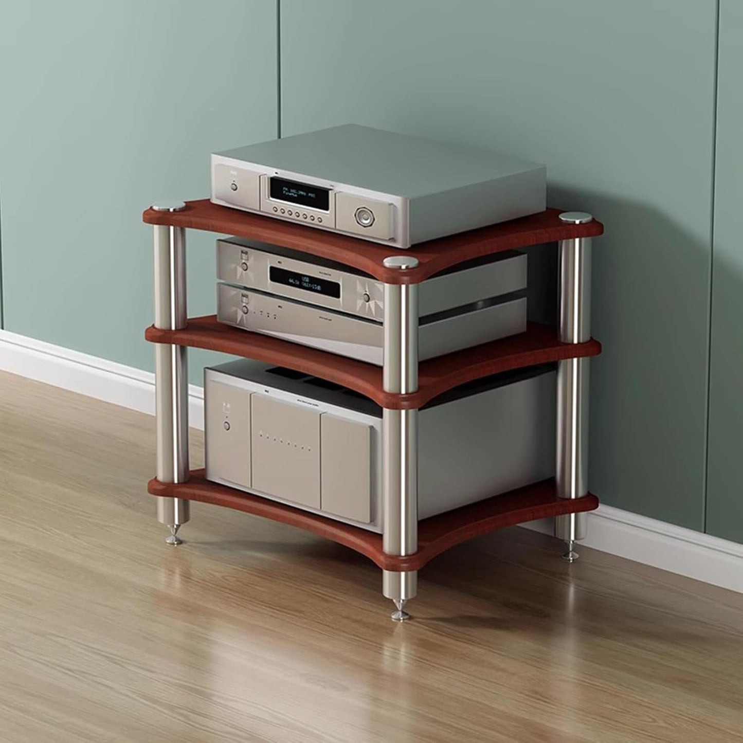 3-Tier AV Media Stand, Stereo Racks and Stands, Video Component Cabinet Audio Rack Tower for DVD Player Game Console TV Box WiFi Routert (Dark Wood, 3-Tier)