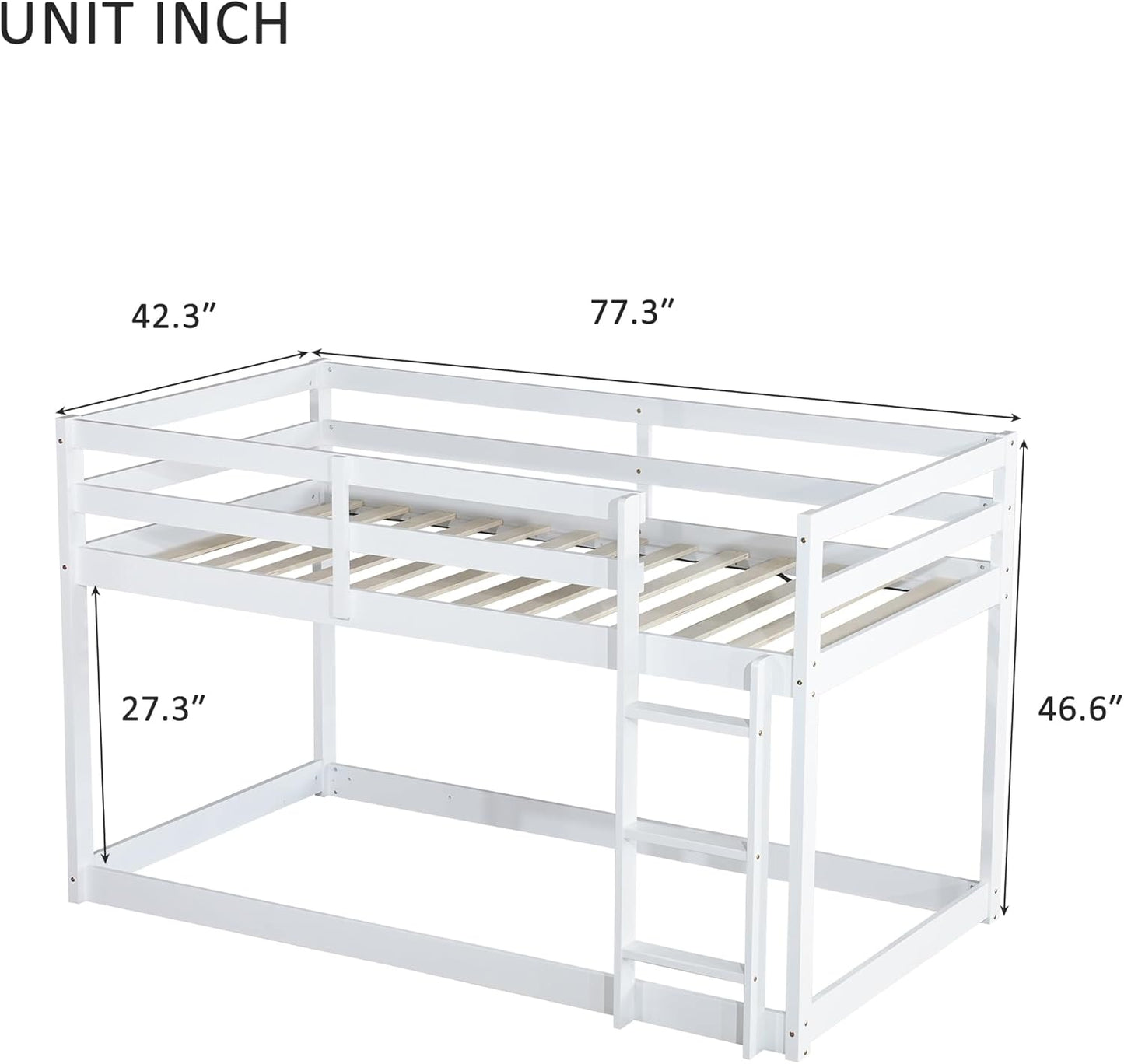 HomSof Twin Over Twin Low Floor Loft Bed with Guard Rails for Dormitory Bedroom,Bottom Without Bed slats,White