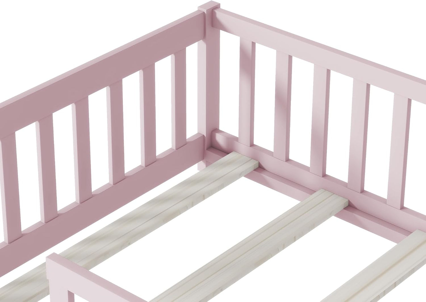 Bellemave Twin Floor Bed with Slats and Safety Guardrails, Kids Montessori Floor Beds with Fence and Without Door, Easy Assemble Floor Bed for Kids, Girls, Boys, Pink