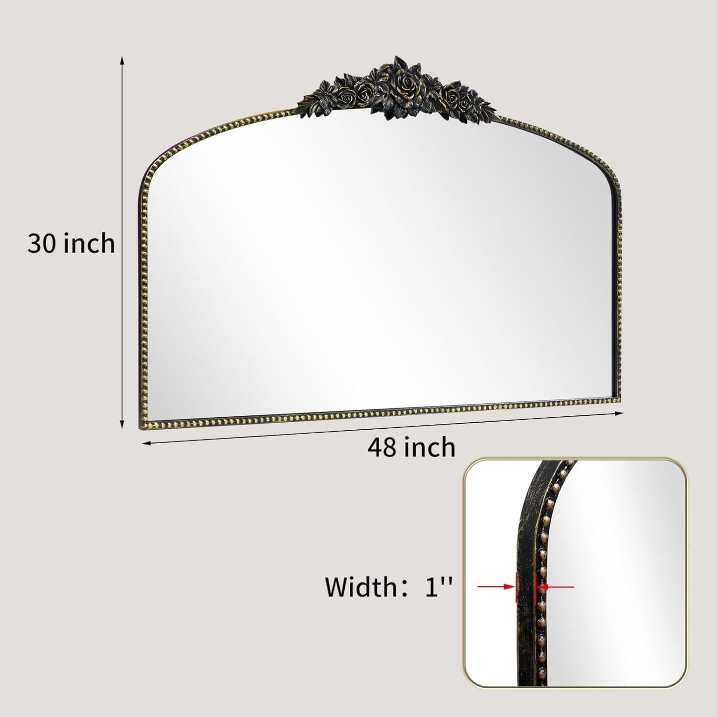 Antique Arched Black Mirror 48"x30", Traditional Victorian Vintage Mantel Mirrors with Ornate Metal Frame, Baroque Mirrors for Fireplace/Entryway/Dining Room/Living Room/Bathroom