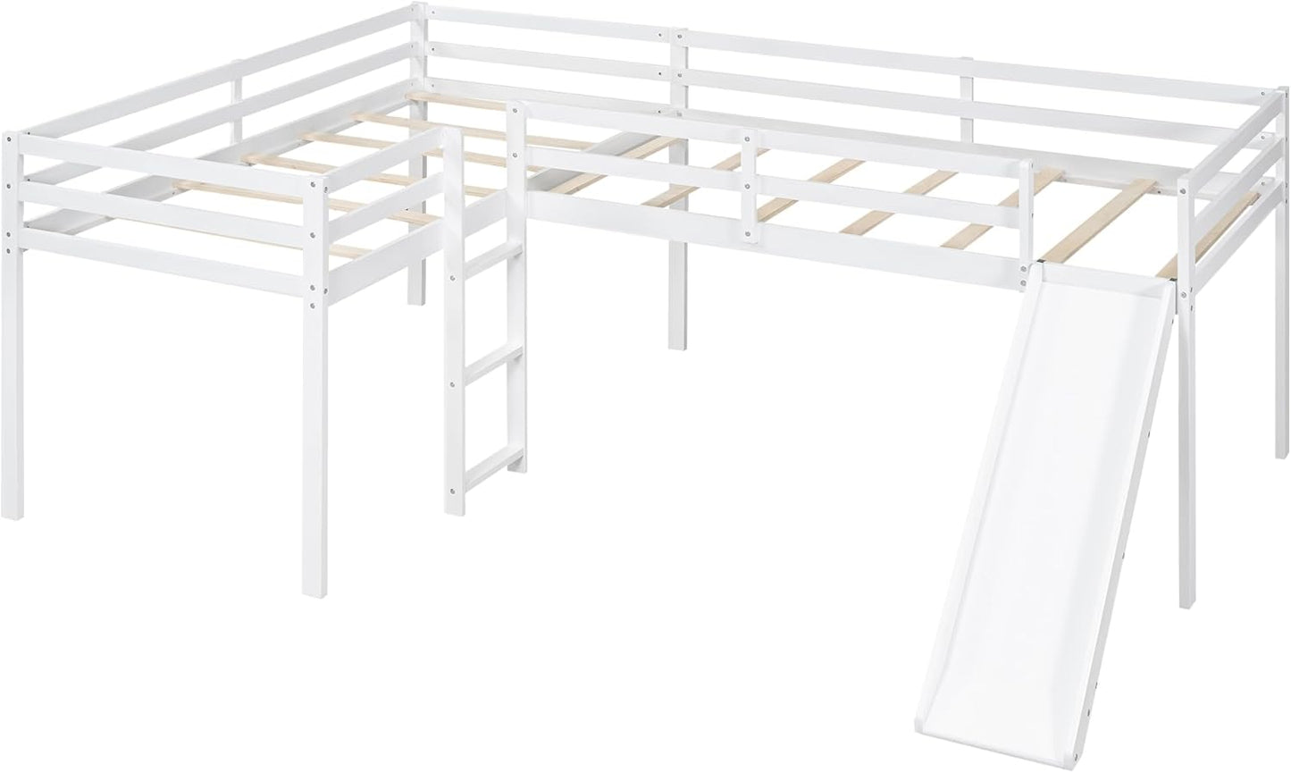 L-Shaped Twin Size Loft Bed with Ladder and Slide,Solid Wood Structure Bed Frame,w/Safety Guardrail & Slat Supports,Space Saving,Easy to Assemble,for Kids,Teens,Girls & Boys,White