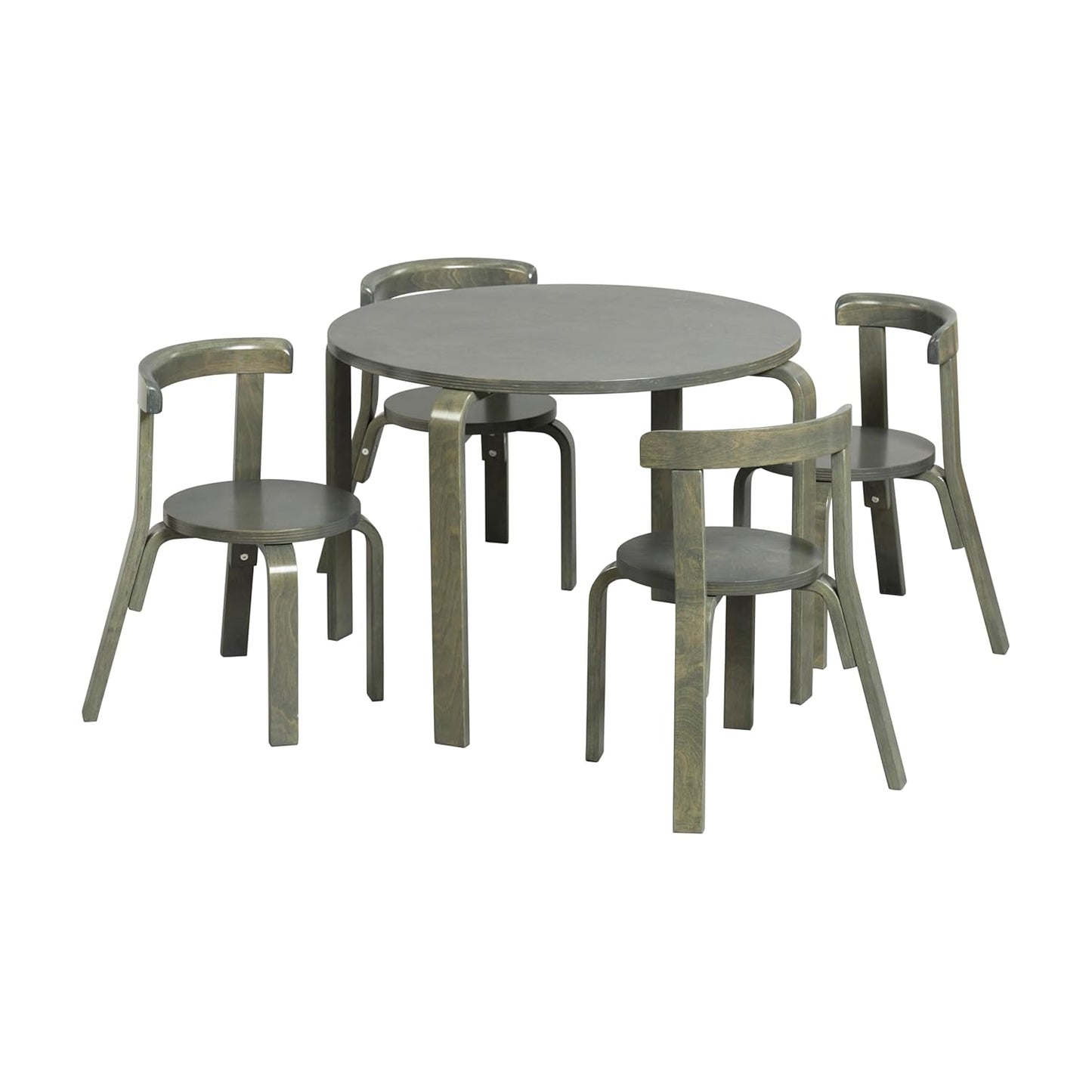ECR4Kids Bentwood Round Table and Curved Back Chair Set, Kids Furniture, Grey Wash, 5-Piece