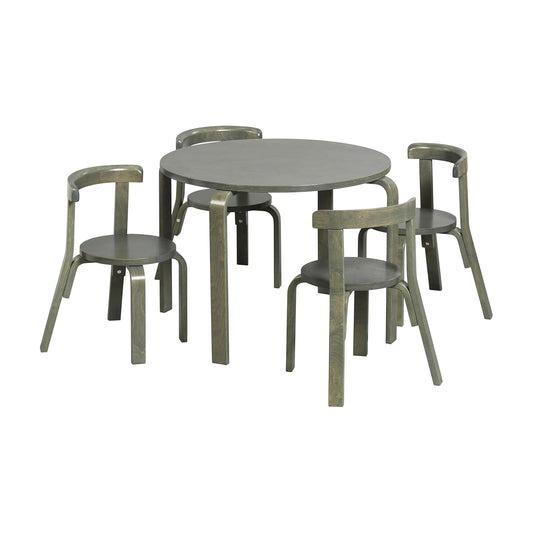 ECR4Kids Bentwood Round Table and Curved Back Chair Set, Kids Furniture, Grey Wash, 5-Piece