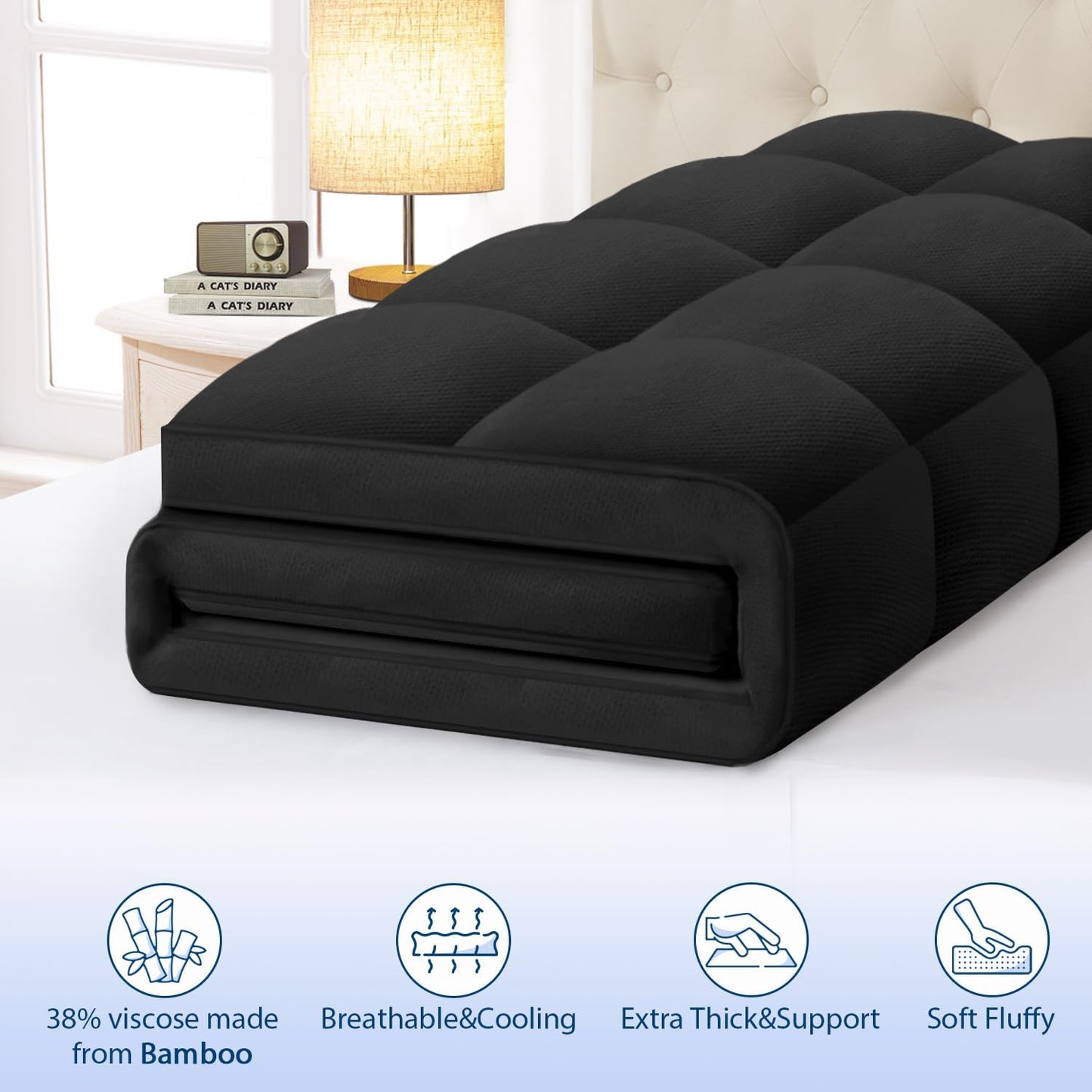 ELEMUSE Full Black Cooling Bamboo Viscose Mattress Topper for Back Pain, Extra Thick Mattress Pad Cover, Plush Soft Pillowtop with Elastic Deep Pocket, Overfilled Down Alternative Filling