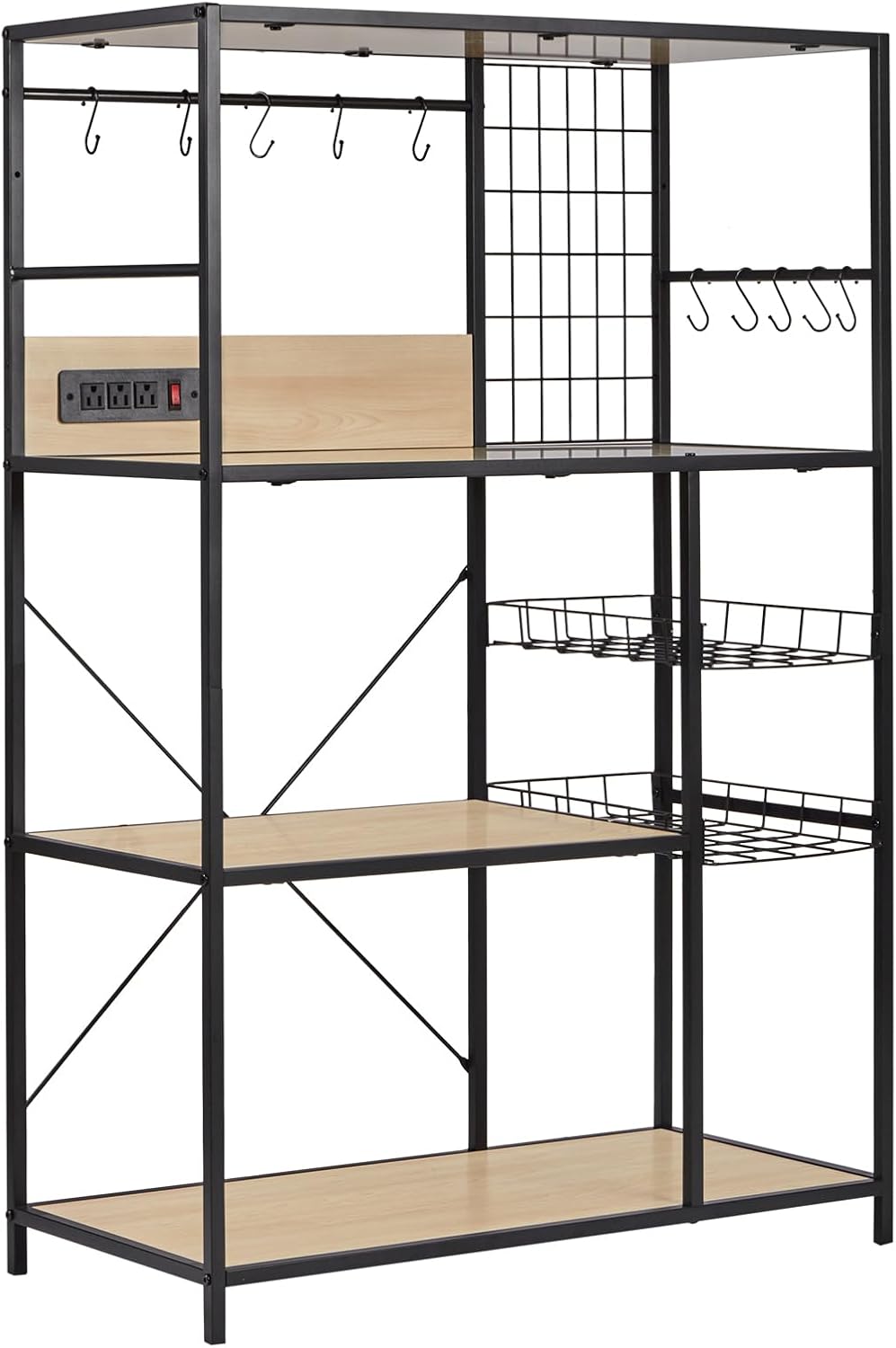 Bakers Rack with Power Outlet, Microwave Stand with Storage, Coffee Bar Organizer Cabinet with Wire Basket, Kitchen Shelf for Spices, 10 Hooks, Industrial, White Maple