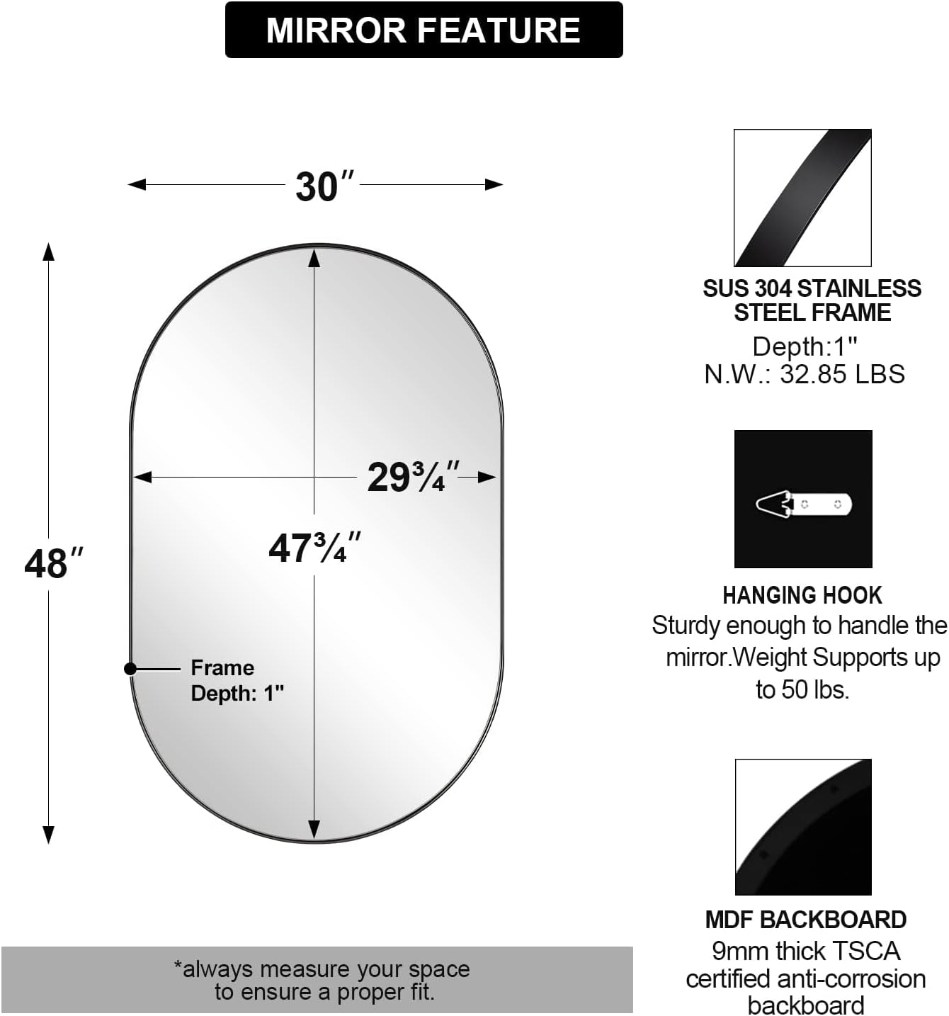 ANDY STAR Oval Bathroom Mirrors, 30x48’’ Double Vanity Mirror, Black Oval Mirrors for Bathroom, Stainless Steel Framed, 1’’ Deep Wall Mounted Vertical/Horizontal