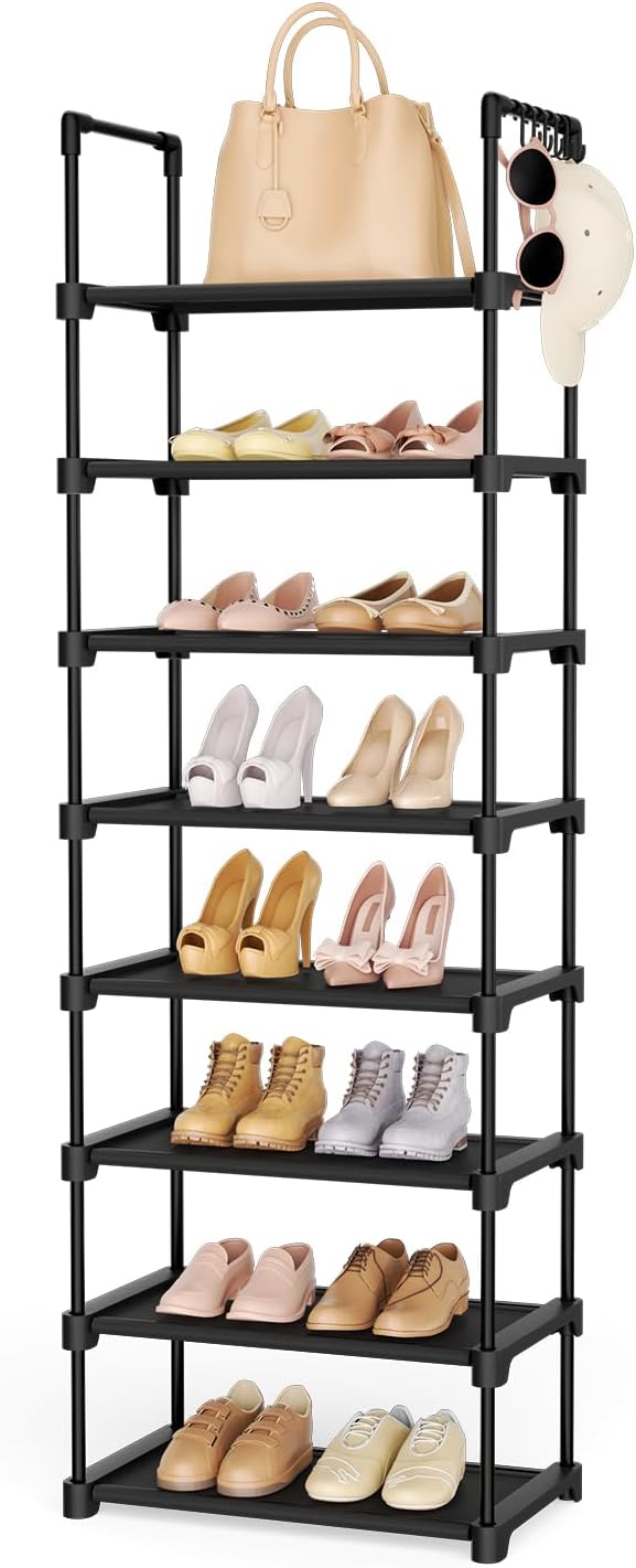 Tall Shoe Rack 8 Tiers, 16-20 Pairs Shoe and Boots Organizer Storage Sturdy Shoe Shelf, Narrow Vertical Shoe Rack for Entryway, Closet, Metal Shoe Organizer with 5 Hooks