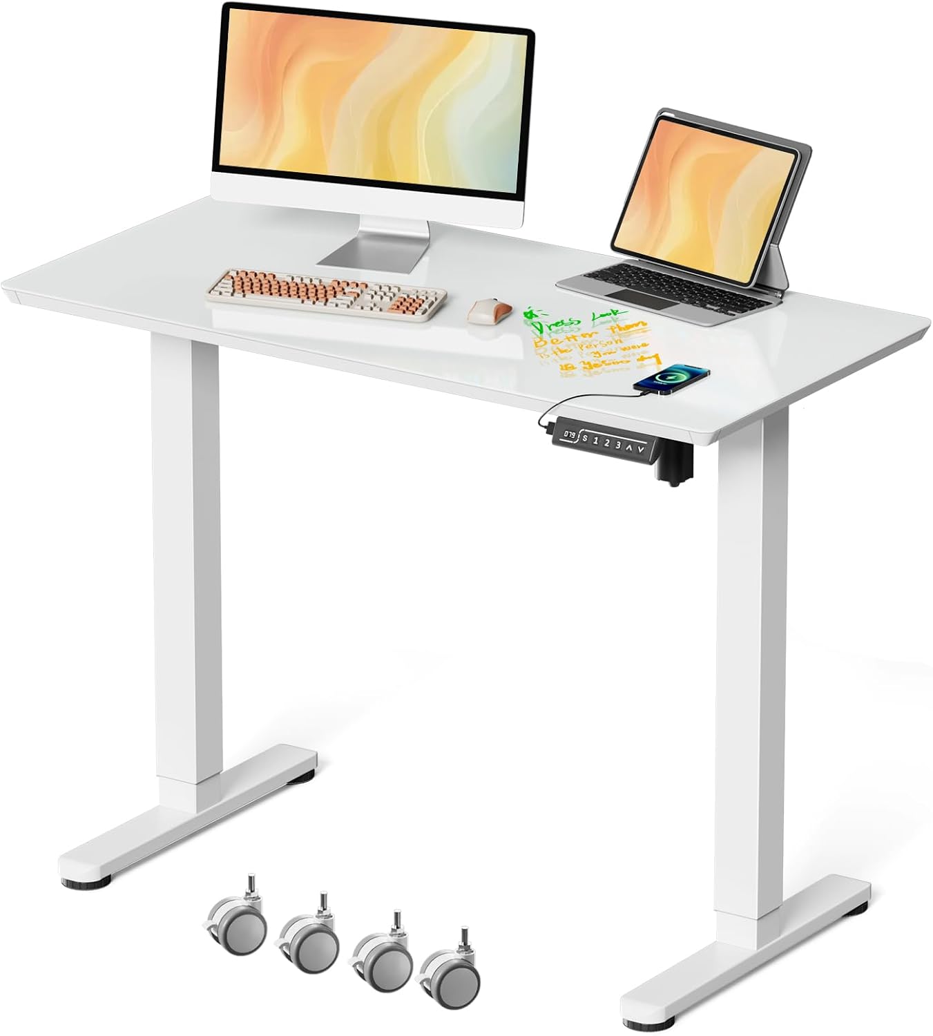 JOY worker Small Electric Standing Desk, 40" x 20" Whole Glass Piece Height Adjustable Desk with Memory Controller, White Sit to Stand Desk Workstation for Home Office
