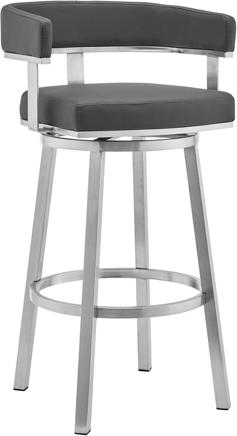 Armen Living Lorin Modern 26" Seat Height Gray Faux Leather and Brushed Stainless Steel Metal Swivel Bar Stool for Kitchen Island Counter