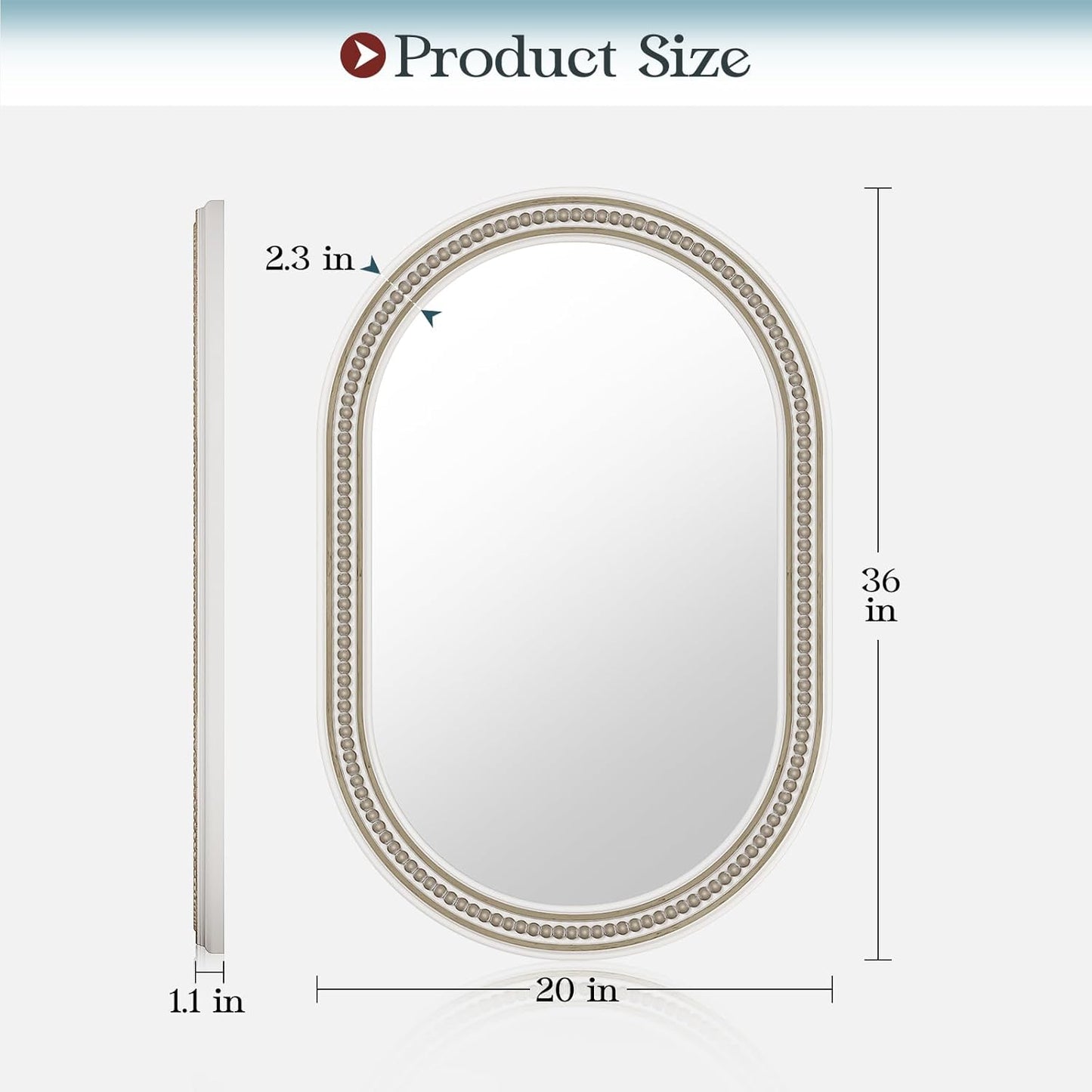 Farmhouse Oval Mirror Boho, 20" x 36" Antique Oval Bathroom Mirrors, Wooden Rustic Decorative Wall Mirror with Beaded for Bedroom, Living Room, Hallway, Vertical or Horizontal Hanging