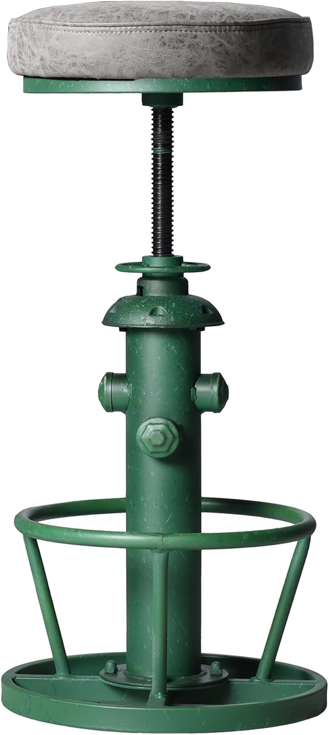 Topower Antique Industrial Round Bottom Adjustable Height Cafe Coffee Retro Vintage Stylish Water Pipe Design Pub Kitchen Bar Stool (Antique Green, PU Leather Top)