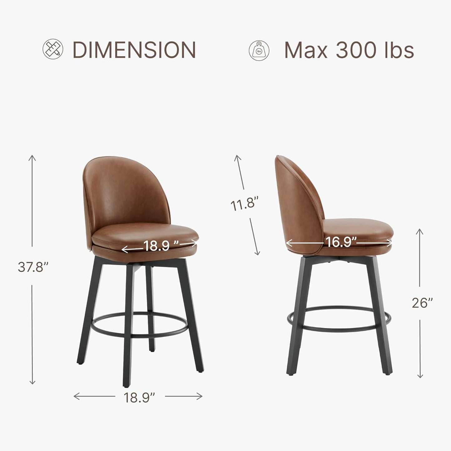 Counter Height Barstools 26 inch Upholstered Swivel Bar Stools with Back and Wood Legs for Kitchen Island,Set of 2,Brown PU Leather-Armless