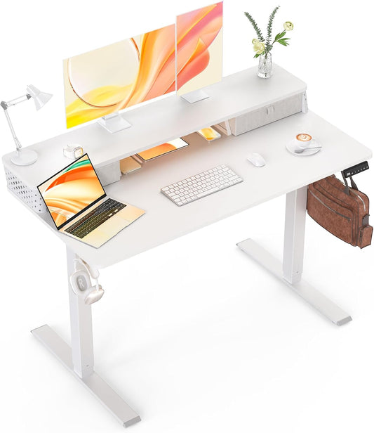 Standing Desk with Drawers and Brushless Motor,Electric Height Adjustable Desk for Walking Pad,Ergonomic Stand Up Desk for Home Office & Gaming,3 Memory Height Preset & Hooks(48" x 24",White)