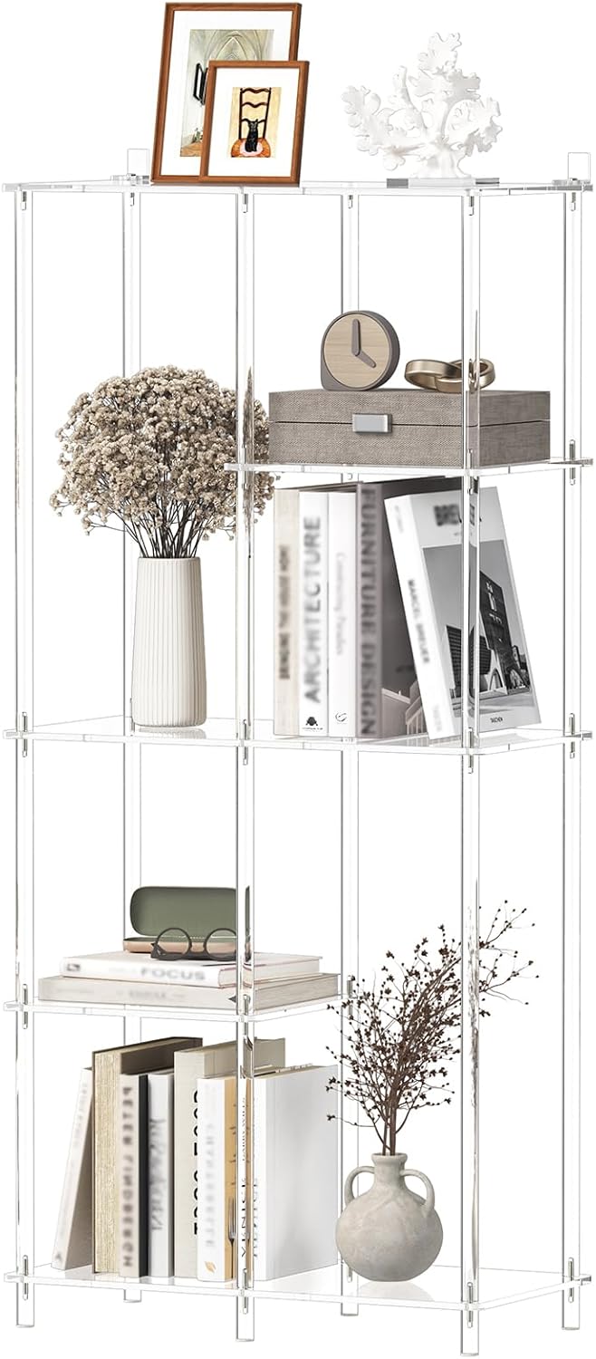 Acrylic 6-Cube Bookshelf, 11.8" D x 23.6" W x 50.8" H, 5-Tier Clear Geometric Bookcase, Modern Open Display Book Shelf for Living Room, Bedroom, Office, Easy Assembly