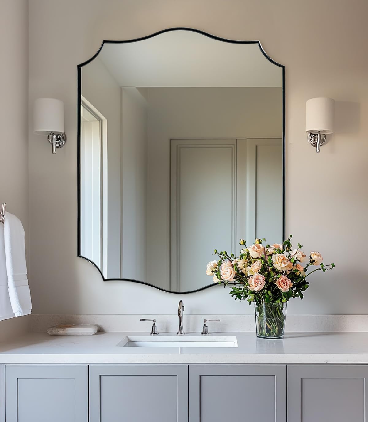 ANDY STAR Brushed Nickel Bathroom Mirror, 28x36 Inch Asymmetrical Wall Mirror, Modern Rectangle Mirror with Unique Wavy Design Ideal for Home Decor, Premium Stainless Steel Metal