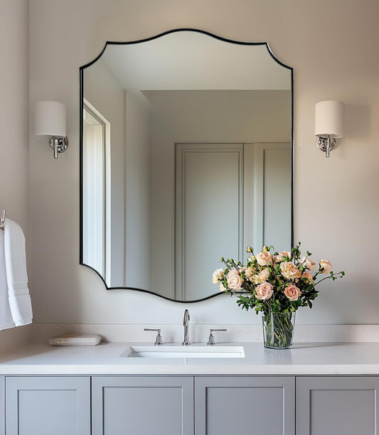 ANDY STAR Brushed Nickel Bathroom Mirror, 28x36 Inch Asymmetrical Wall Mirror, Modern Rectangle Mirror with Unique Wavy Design Ideal for Home Decor, Premium Stainless Steel Metal