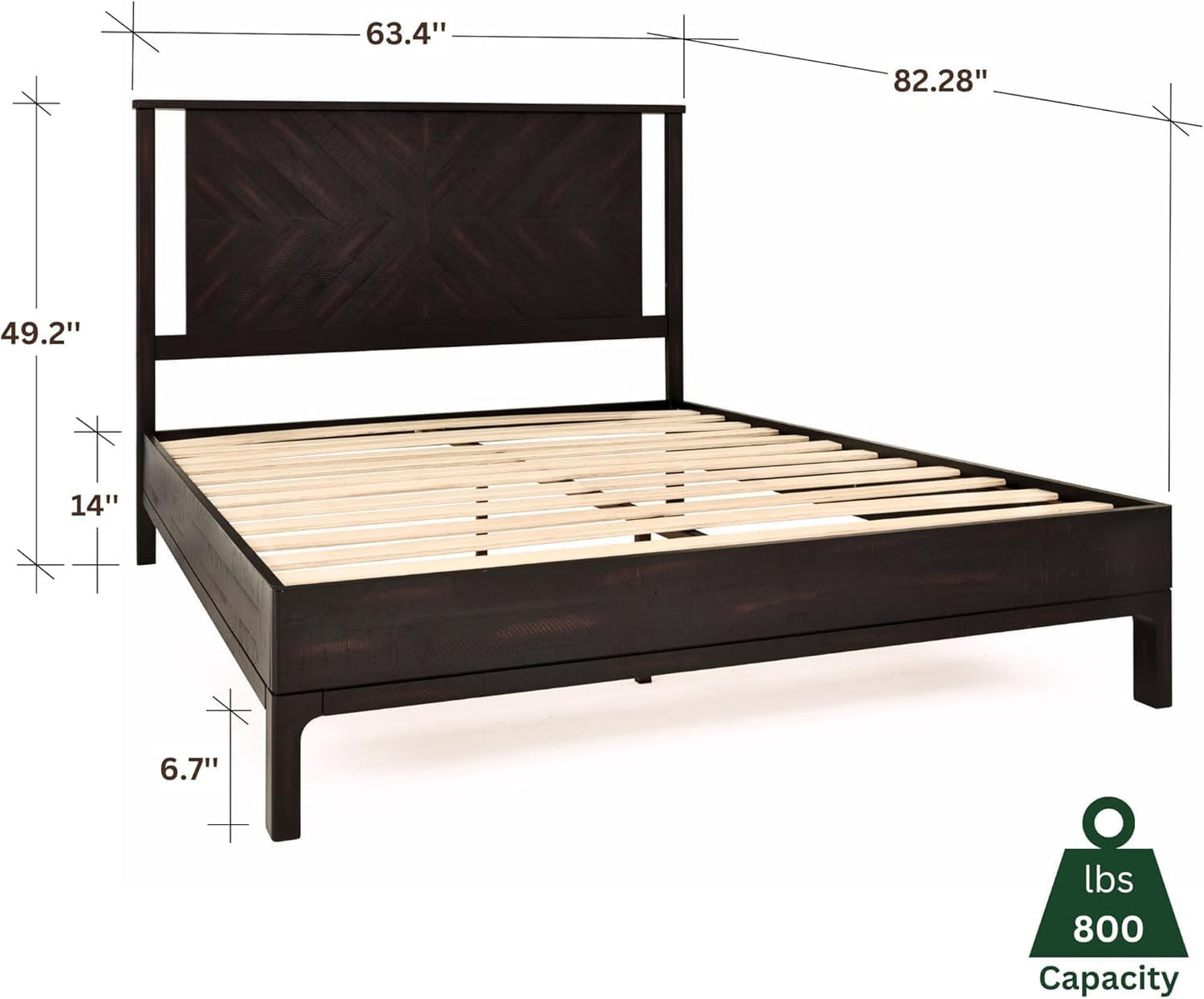 Bme Vivian 14 Inch Deluxe Bed Frame with Headboard, Rustic & Scandinavian Style with Solid Acacia Wood, No Box Spring Needed, 12 Strong Wood Slat Support, Easy Assembly, Queen, Rustic Black