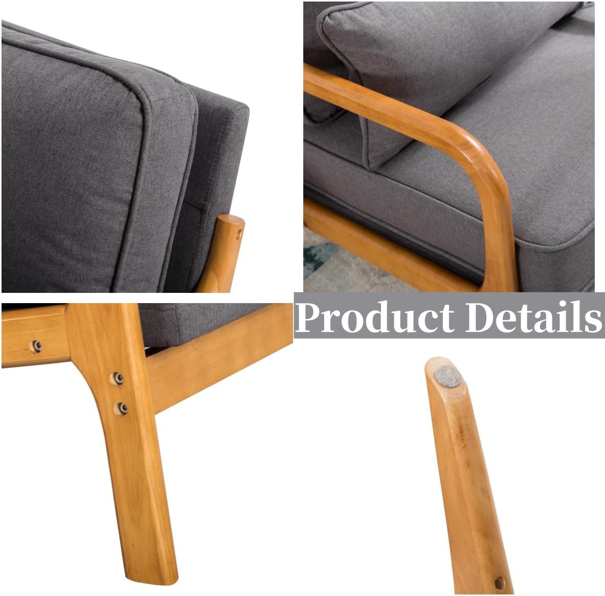 Armchair Upholstered Lounge Chair, Mid-Century Modern Accent Chair with Cushion, Lounge Chair Indoor Reading Chair with Wood Arms, Accent Chair for Living Room, Bedroom Office, Dark Gray