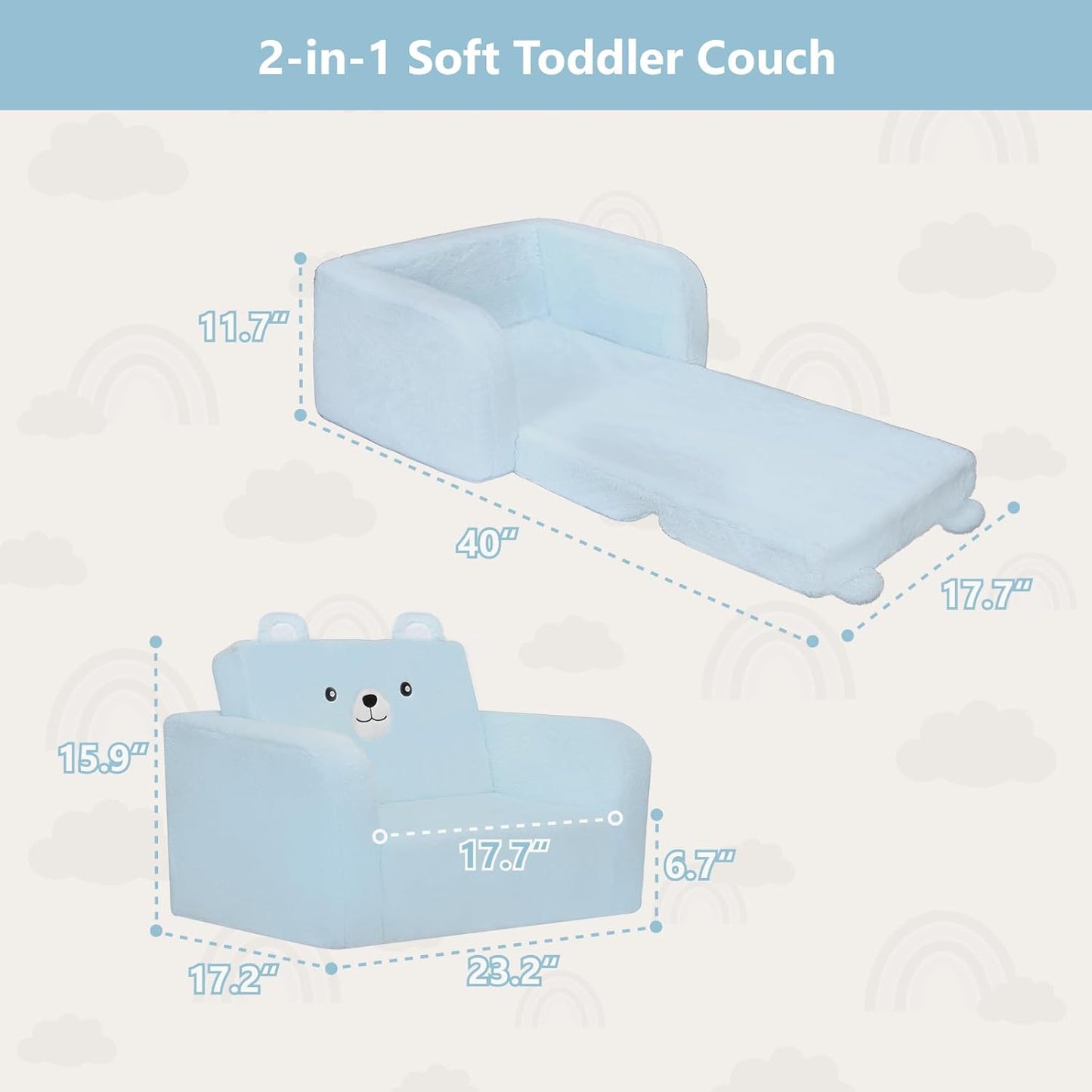 MONKISS Toddler Couch, 2-in-1 Kids Sofa Fold Out, Convertible Sofa to Lounger for Girls and Boys, Toddler Chairs Comfy 1-3 Years Old, SF04, Blue Bear