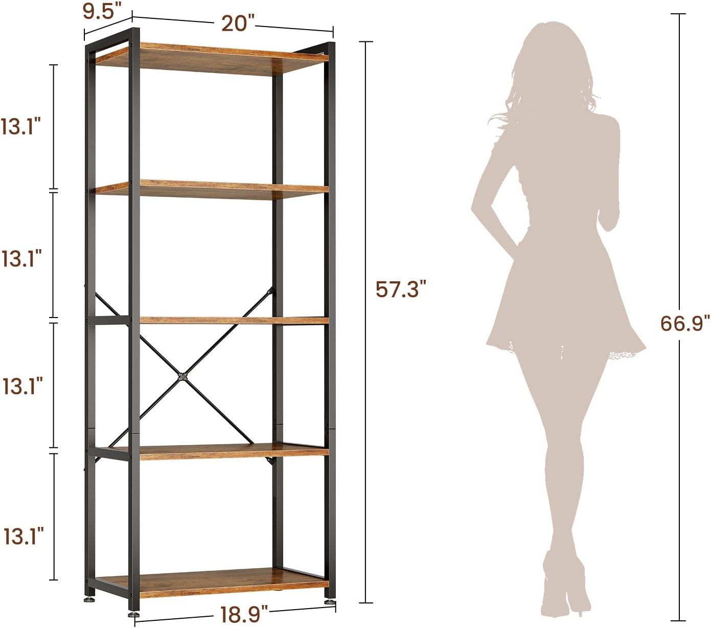 Casaottima Book Shelf, 5 Tier Bookshelf, Modern Wood Bookcase Shelves for Bedroom, Industrial Display Shelf for Living Room Home Office Kitchen, Standing Shelving Unit Storage Organizer, Vintage