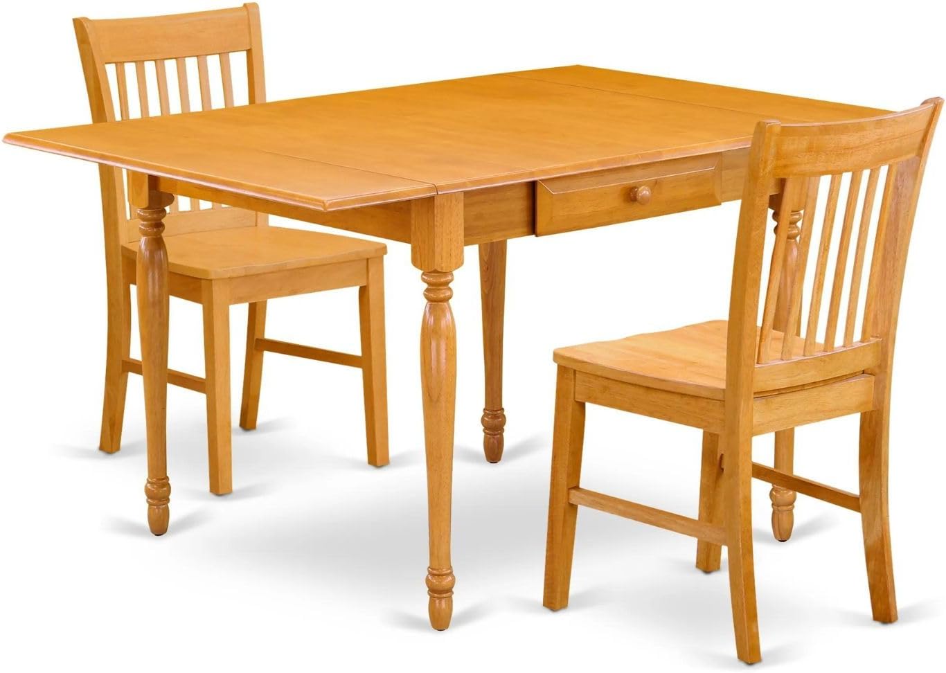 East West Furniture MZNO3-OAK-W 3 Piece Kitchen Table Set for Small Spaces Contains a Rectangle Dining Room Table with Dropleaf and 2 Solid Wood Seat Chairs, 36x54 Inch, Oak