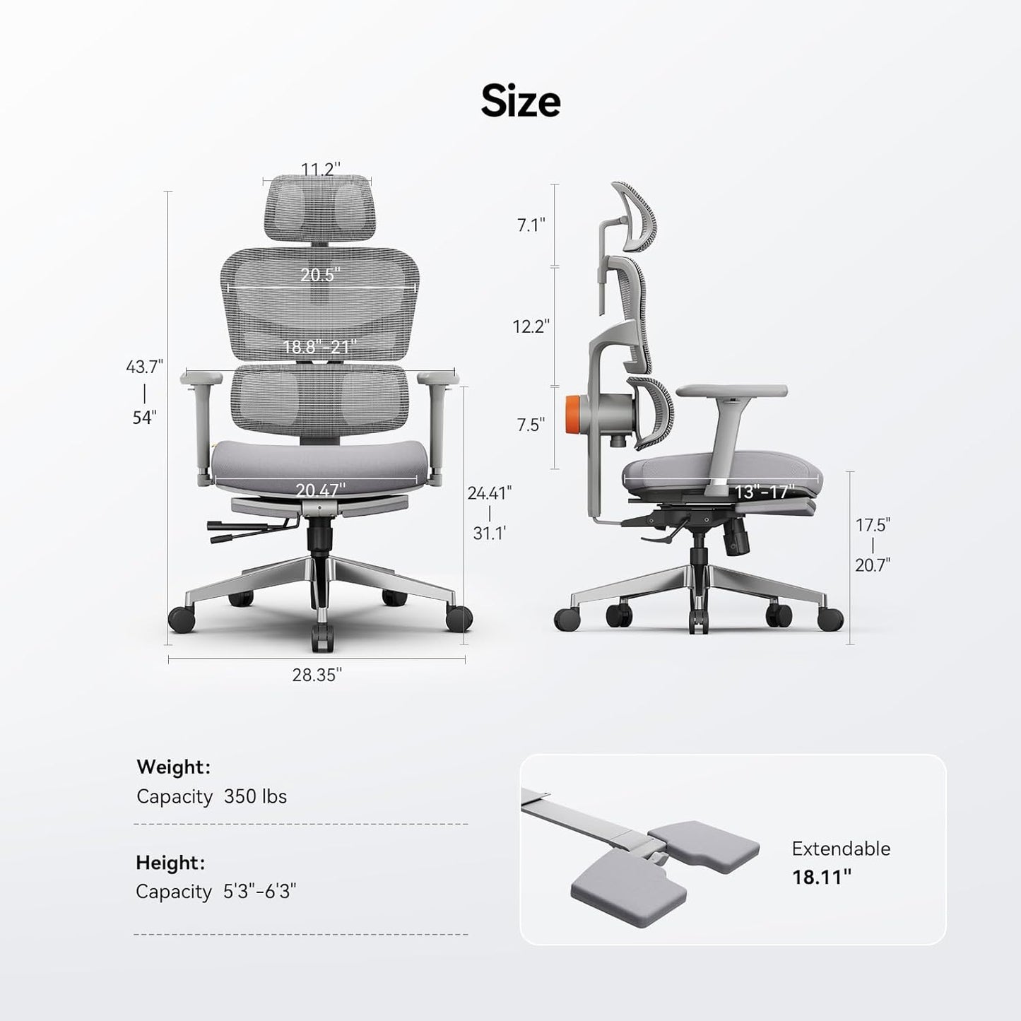 Newtral Ergonomic Office Chair - Home Office Desk Chair, Big and Tall Office Chair, Auto-Following Lumbar Support, 4D Armrest, Adjustable Seat Depth and Heigt (with Footrest, Gray)
