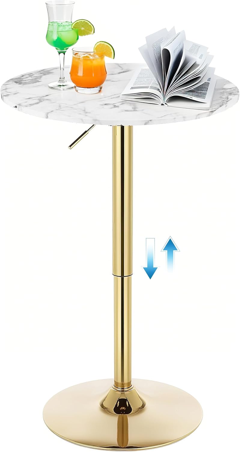 Gold Cocktail Tables Round Bar Table Height Adjustable 27.9''-35.4'' Pub Table with Metal Base Modern Style for Kitchen, Bar, Office & Dining Room Sturdy & Stylish