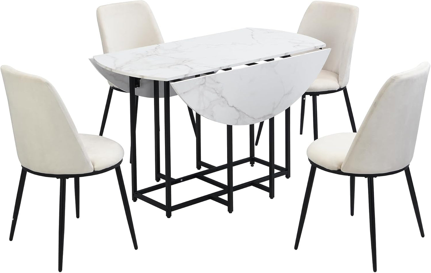 Merax 47.2” Round Dining Table Set for 4, Foldable Kitchen Dining Table with 11.8” Drop Leaves, Faux Marble Top with Golden Frame, 4 Upholstered Chairs (White+Beige)