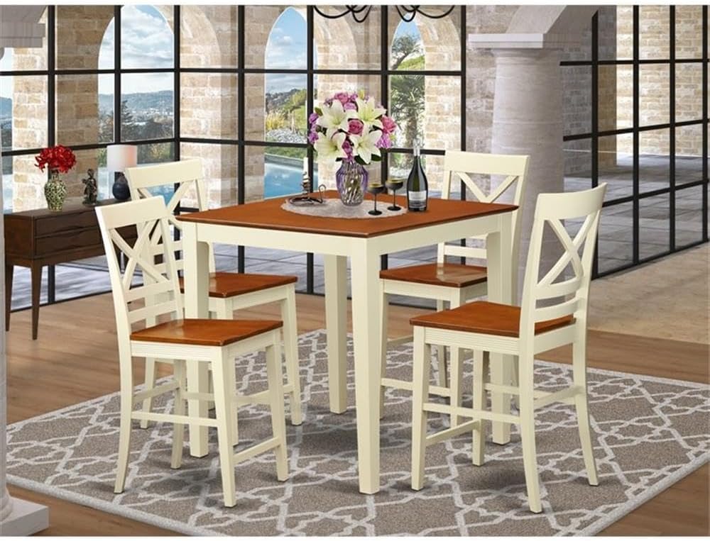 East West Furniture VNQU5-WHI-W 5 Piece Kitchen Counter Set Includes a Square Dining Room Table and 4 Dining Chairs, 36x36 Inch, Buttermilk & Cherry