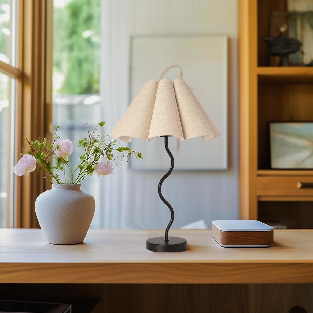 KUNJOULAM Small Table Lamp, Bedside Nightstand Lamp with Umbrella Form Fabric Lampshade Black Base, Morden Mini Desk Lamp for Bedroom Home Office Decor