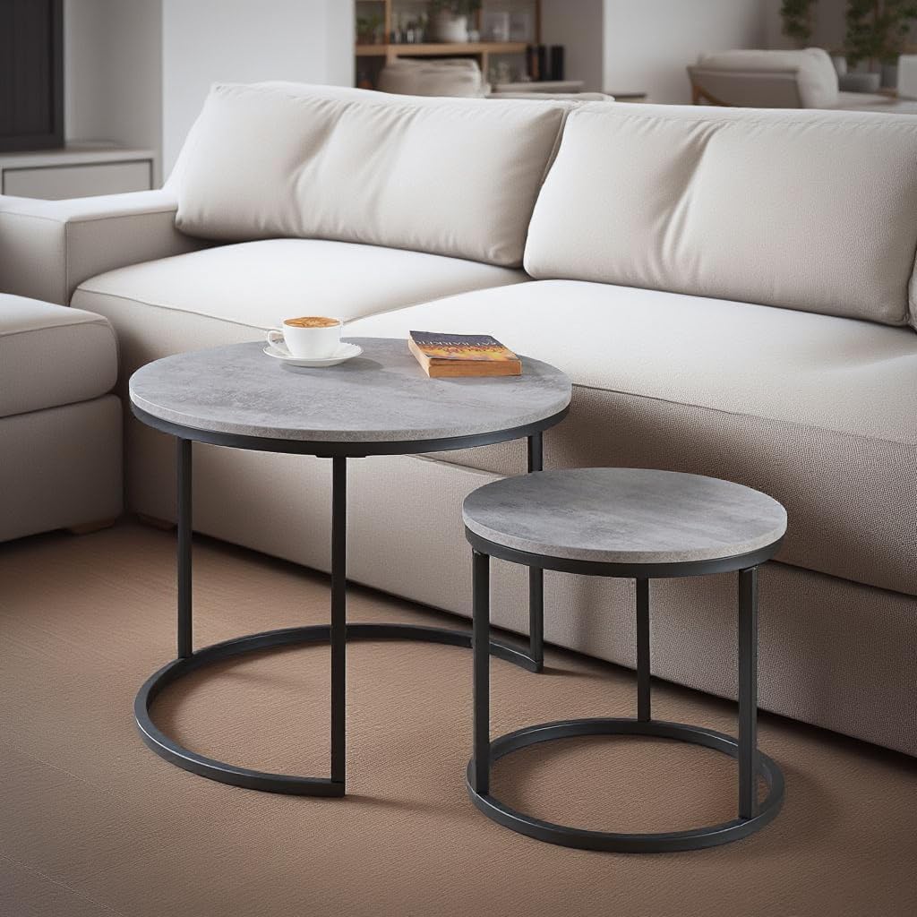 CENSI 24" Round Nesting Table, Accent Coffee Table, Grey Faux Concrete Wood Finish, Space-Saving, Modern Industrial Style