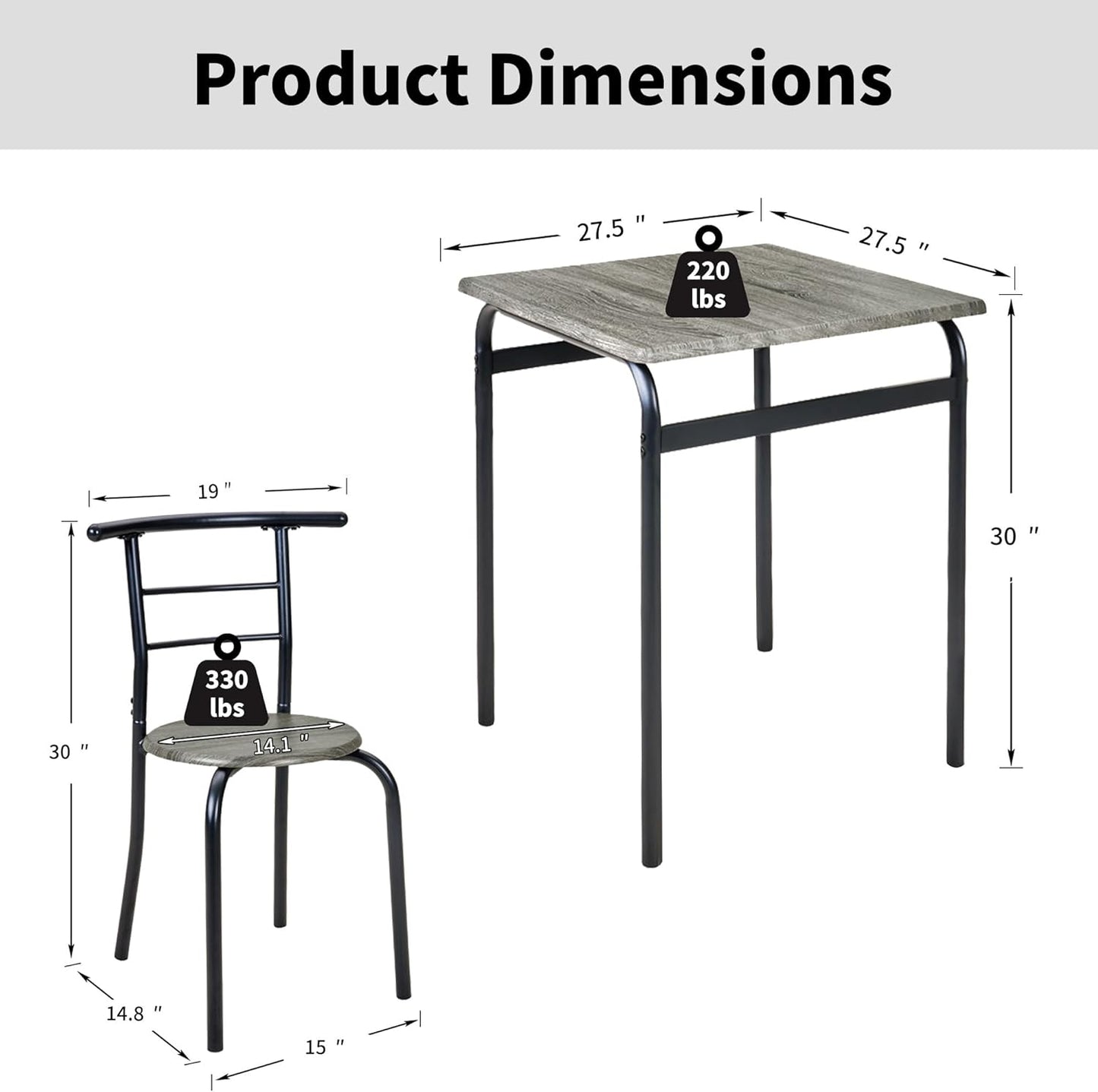 VECELO Dining Table Set for 2, 3-Piece Modern Dinette with Chairs for Small Space, Kitchen, Breakfast Nook, Rustic Grey
