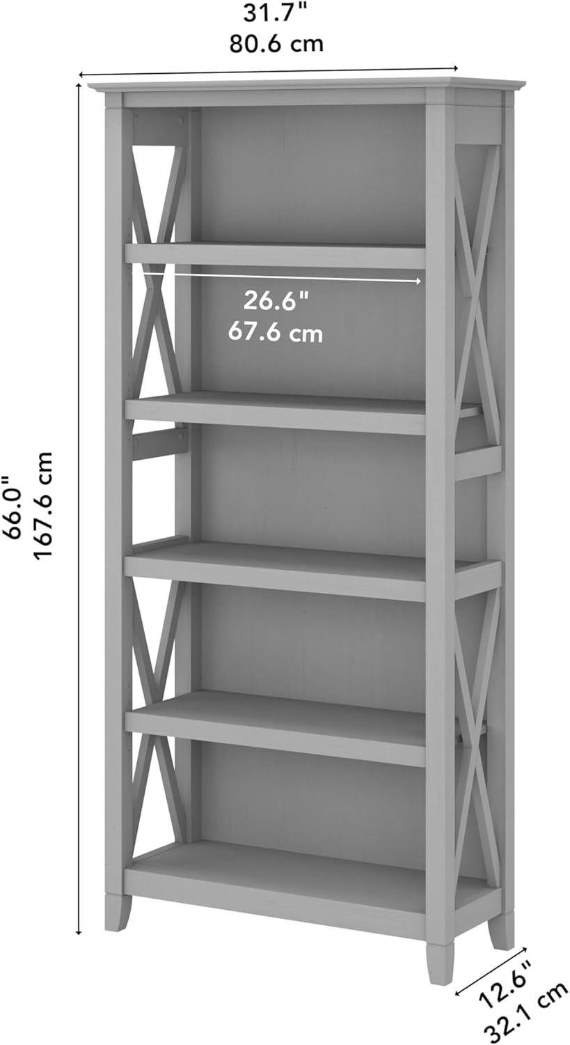Bush Furniture Tall 5 Shelf Bookcase for Living Room or Home Office, Large Bookshelf, Modern Farmhouse Style, Key West Collection, Cape Cod Gray