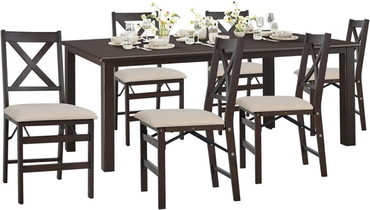COLAMY 60 Inch Rectangular Kitchen Dining Table for 6, Modern Farmhouse Dining Table Set for 6, Wood Dining Table and Folding Dining Chairs for Kitchen, Dining Room, Restaurant, Brown/Beige