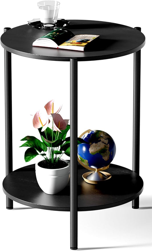 Round Side Table, 2-Tier Circle End Tables with Storage Wood Rustic Small End Tables Farmhouse Side Table for Living Room Bedroom Balcony Small Spaces