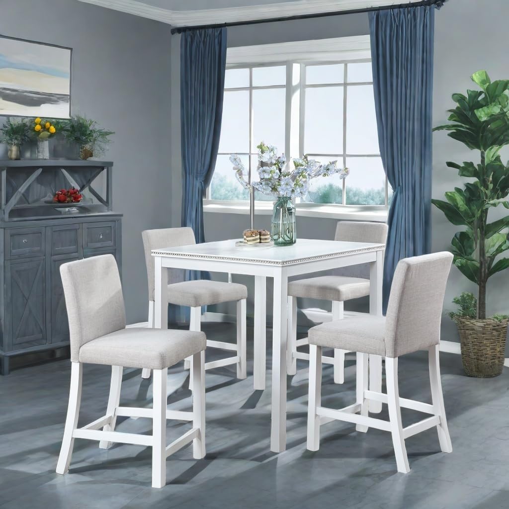 Dining Table Set for 4, Counter Height, Square, White - Easy to Assemble, Includes 4 Upholstered Chairs for Living, Dining, Guest Room