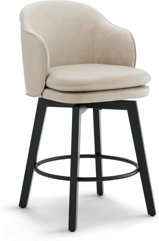 Counter Height Barstools 26 inch Upholstered Swivel Bar Stools with Back and Wood Legs for Kitchen Island,Set of 1,Beige PU Leather