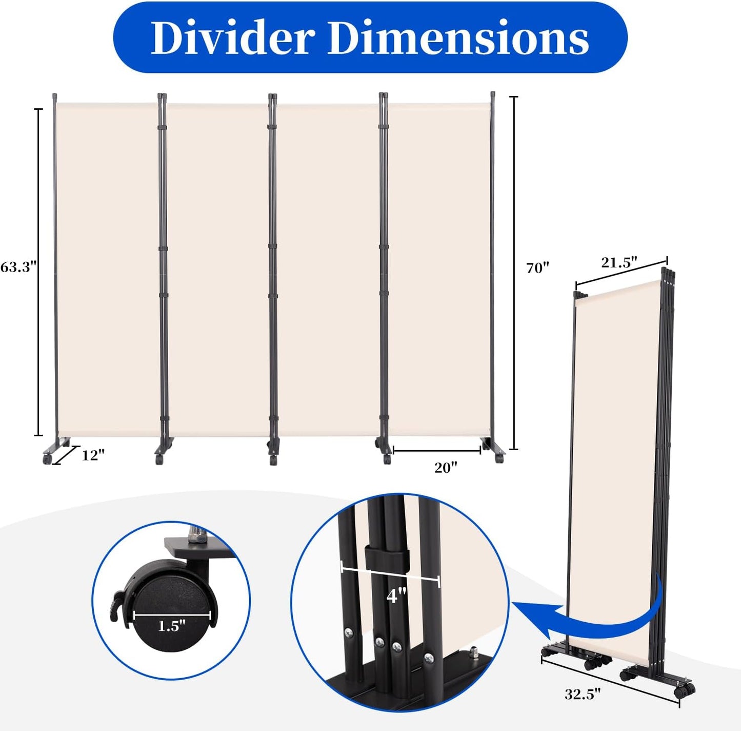 Room Divider 6FT Room Partition with Lockable Wheels, (Thicked Metal Base) Room Dividers, Freestanding Indoor Folding Privacy Screens, Portable Fabric Wall Divider for Separation, Beige