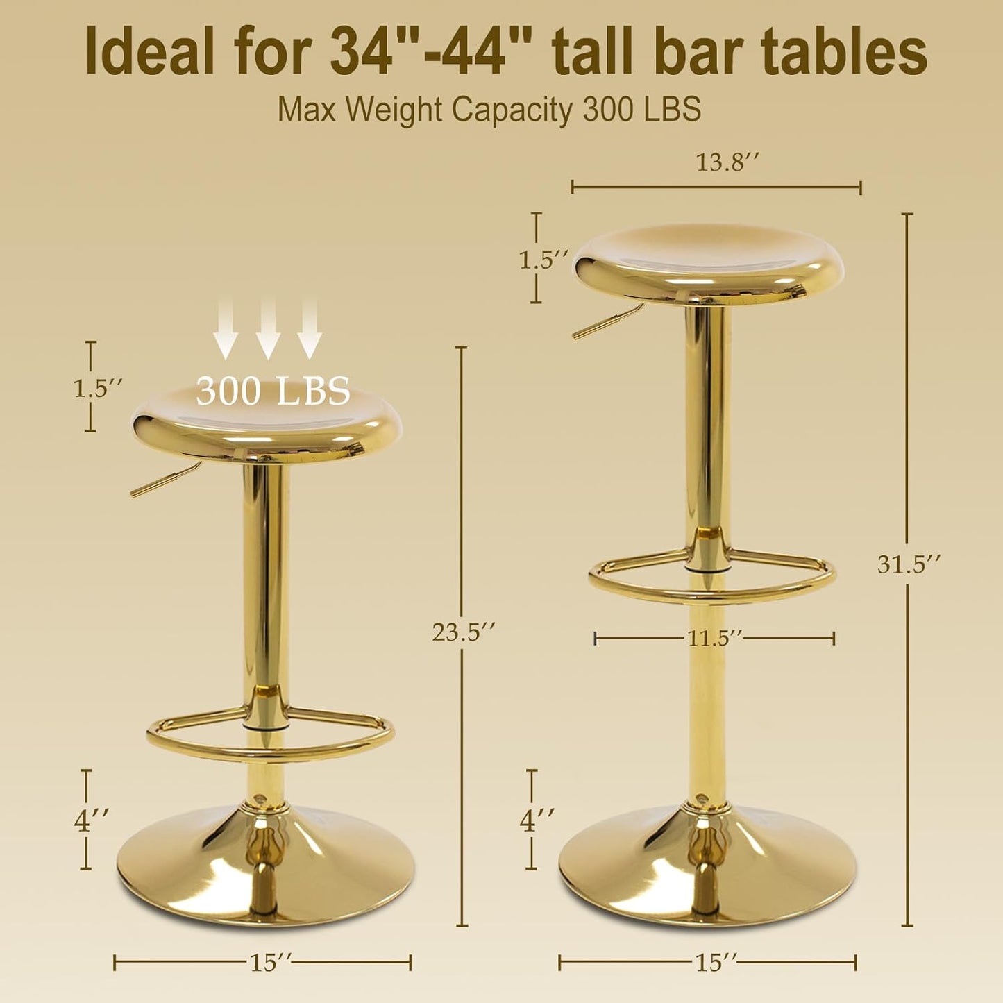 Bar Stools - 2 Pack, Adjustable Swivel Height Counter Bar Stool, Modern Metal Barstools, Backless Barstool for Bar, Kitchen Island, Pub, Gold