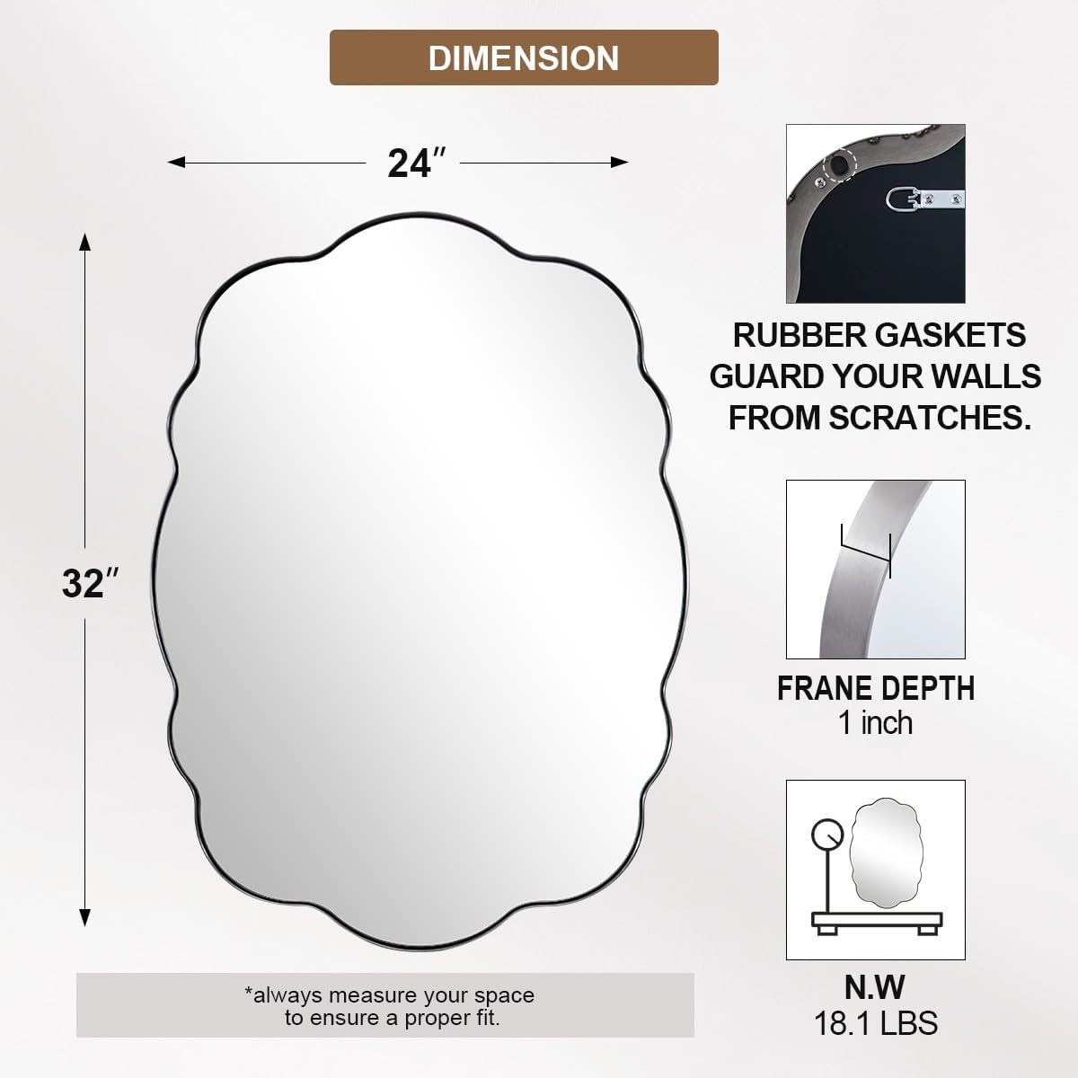 ANDY STAR Brushed Nickel Bathroom Mirror, 24x32 Inch Silver Asymmetrical Wall Mirror, Oval Bathroom Vanity Mirror, Unique Irregular Wall Mirror with Sophisticated Curved Design