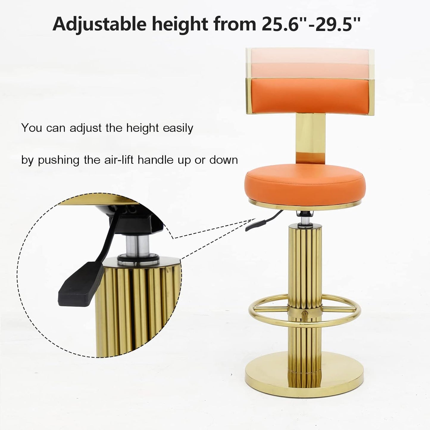 FUNROLUX Counter Height Bar Stools with Back, Modern Adjustable Height Barstools Swivel Bar Chair with Polished Gold Stainless Steel Legs for Kitchen Island Counter Living Room Coffee Shop (Orange)