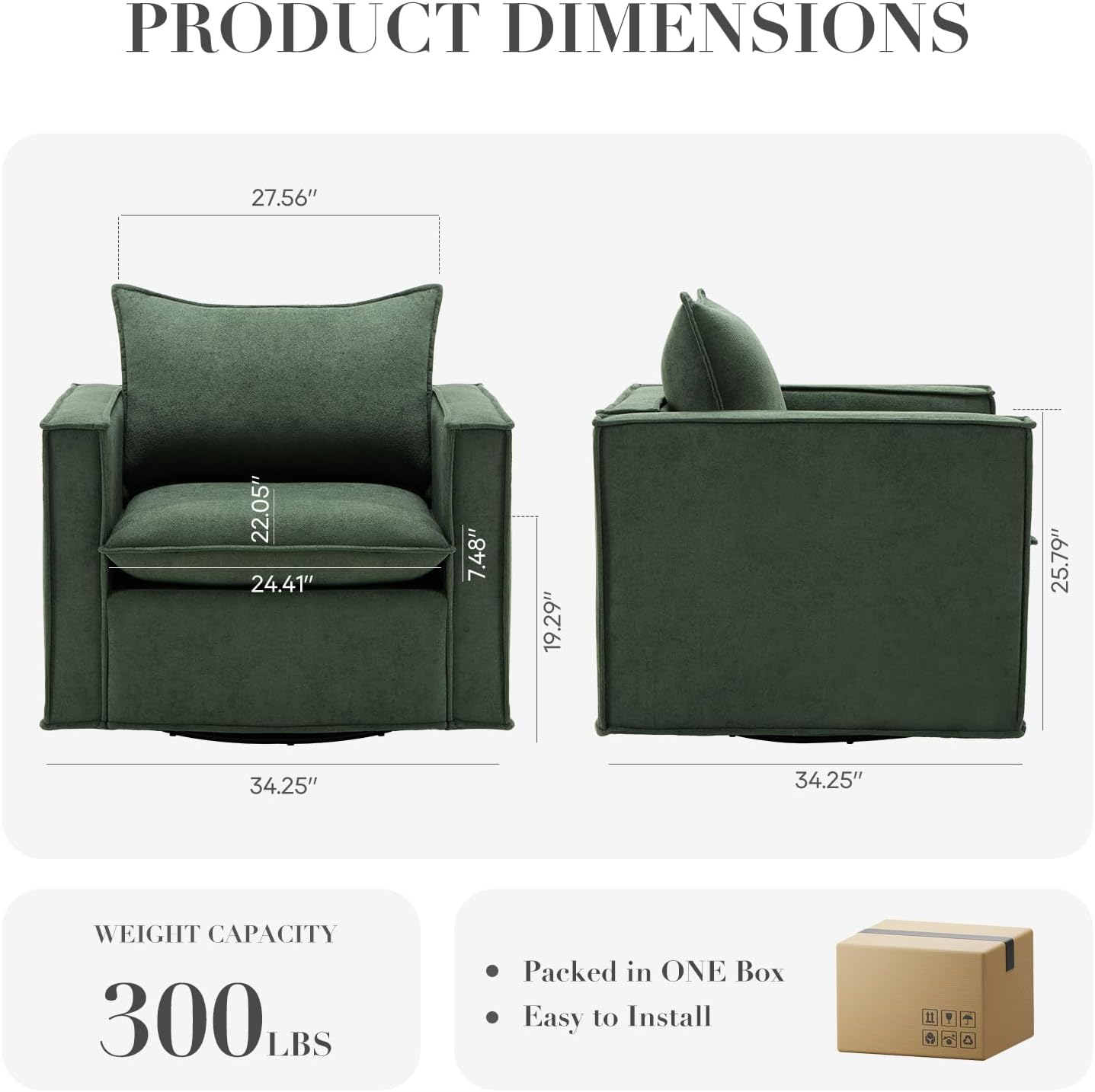 COLAMY Swivel Accent Chair Set of 2, 34 Inches Wide Upholstered Arm Chair with Plump Back Pillow, Modern Sofa Living Room Chair for Bedroom, Corner, Reading Nook-Green