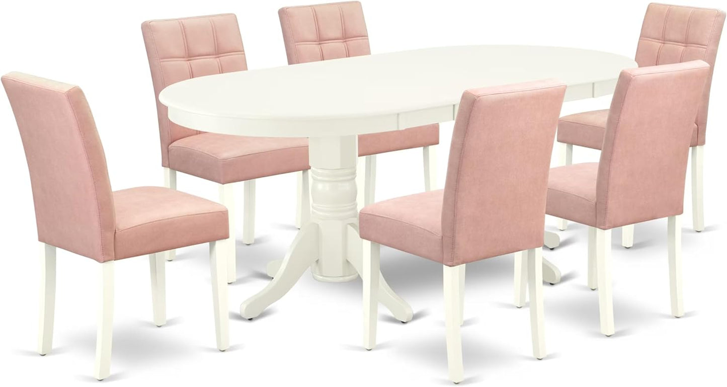 East West Furniture VAAS7-LWH-42 7 Piece Dining Table Set consists A Wooden Table and 6 Beige Red Polyester Fabric Parson Chairs with Stylish Back- Linen White Finish