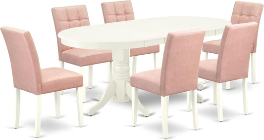 East West Furniture VAAS7-LWH-42 7 Piece Dining Table Set consists A Wooden Table and 6 Beige Red Polyester Fabric Parson Chairs with Stylish Back- Linen White Finish