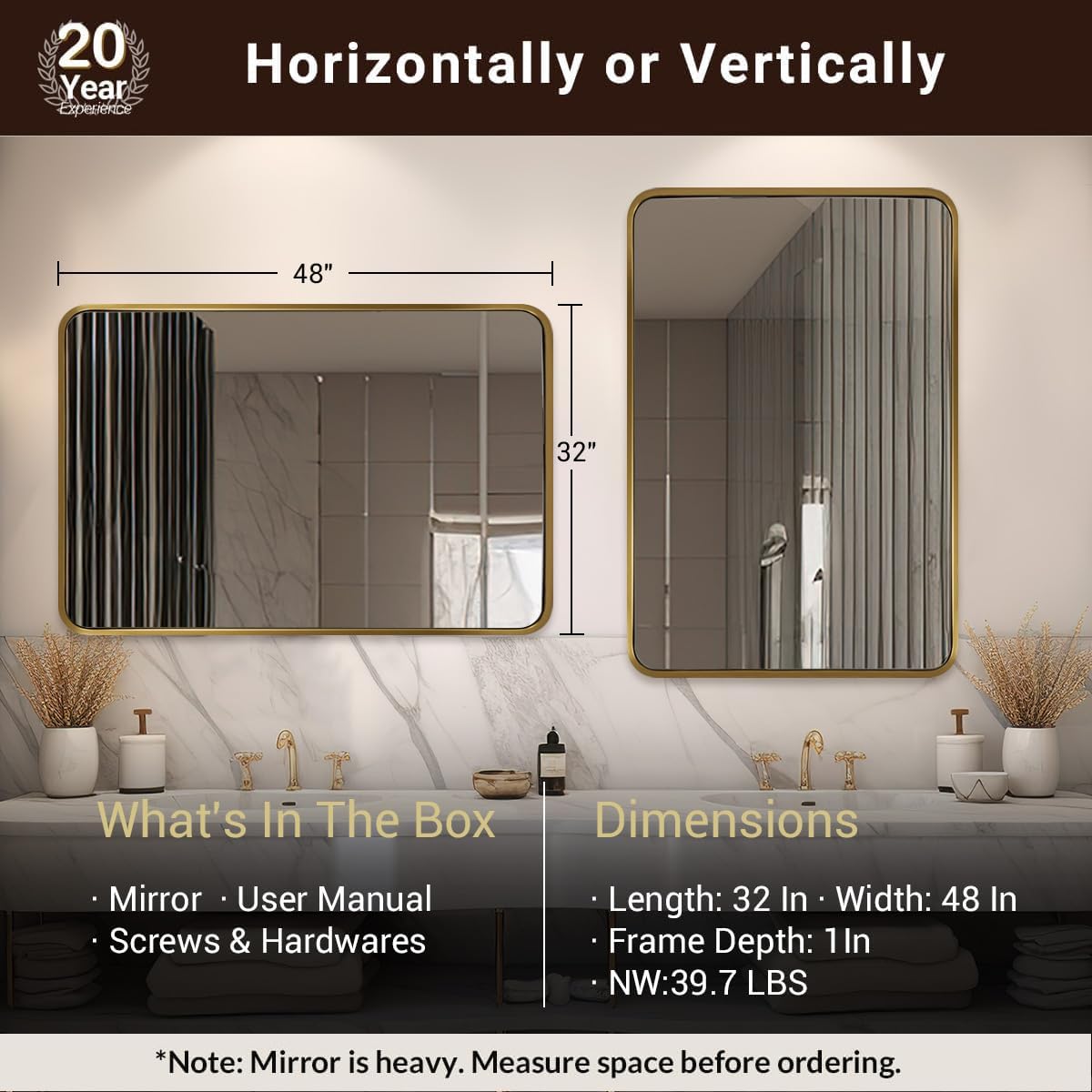 ANDY STAR 48x32 Inch Gold Bathroom Mirror, Brushed Gold Mirrors for Wall in Anti-Rust SUS304 Tube Metal Frame, Rounded Rectangle Mirrors 1’’ Deep Wall Mounted Vertically/Horizontal for Bathroom